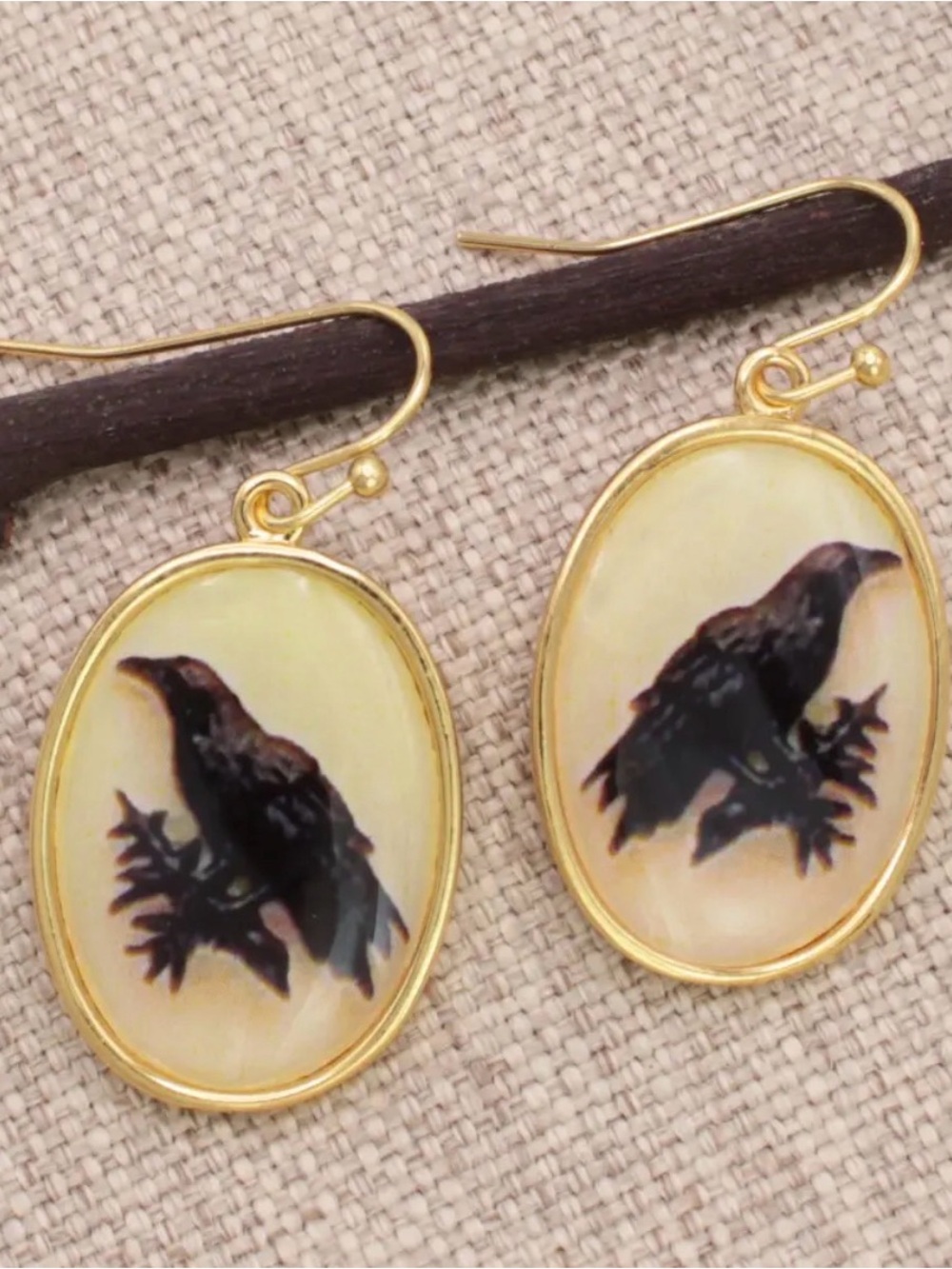 Gold Raven Cameo Oval Drop Halloween Earrings